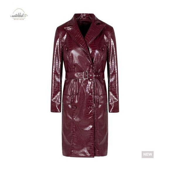 Jackets & Blazers - Oversized Faux Leather Trench Coat Classic Notch Lapel Slim Fit Belted Jacket